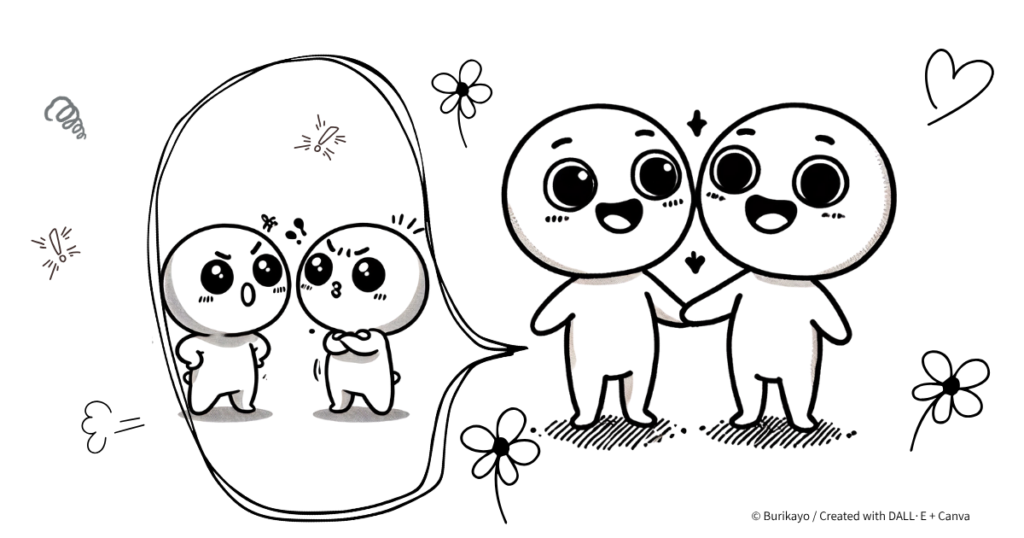 「英語フレーズ “We made up” をイメージしたキャラクターのイラスト