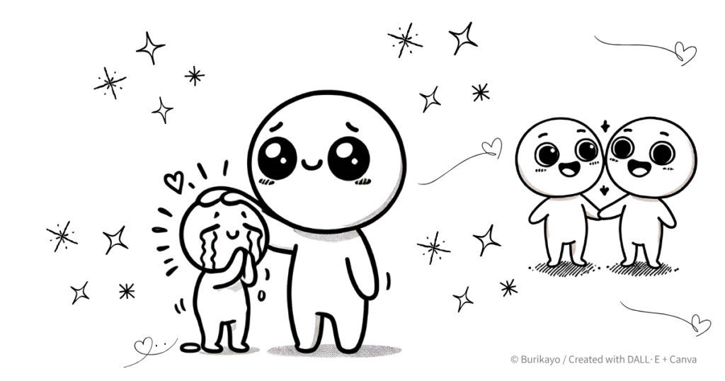 英語フレーズ “All is forgiven.” をイメージしたキャラクターのイラスト