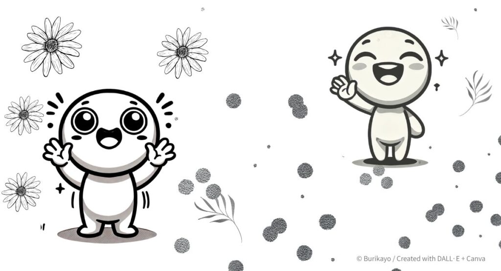 再会を喜ぶキャラクターと英語フレーズ「It’s been a long time.(久しぶりだね)」のイラスト