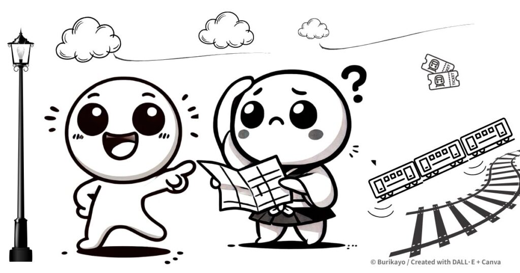 「英語フレーズ “Do you know where the subway station is?” をイメージしたキャラクターのイラスト(道を尋ねている様子を表現)」
