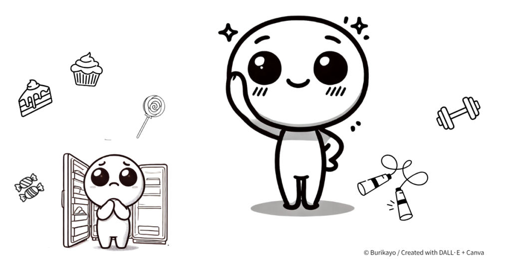 英語フレーズ “I don’t get enough exercise” をイメージしたキャラクターのイラスト