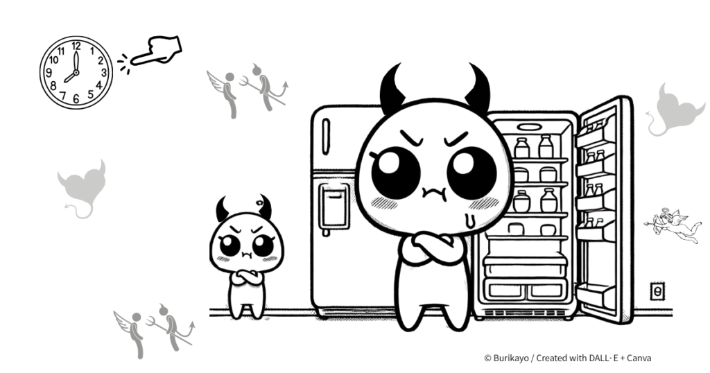夜8時以降に食べるのを我慢して、冷蔵庫をの前で葛藤しているキャラクターの白黒イラスト。