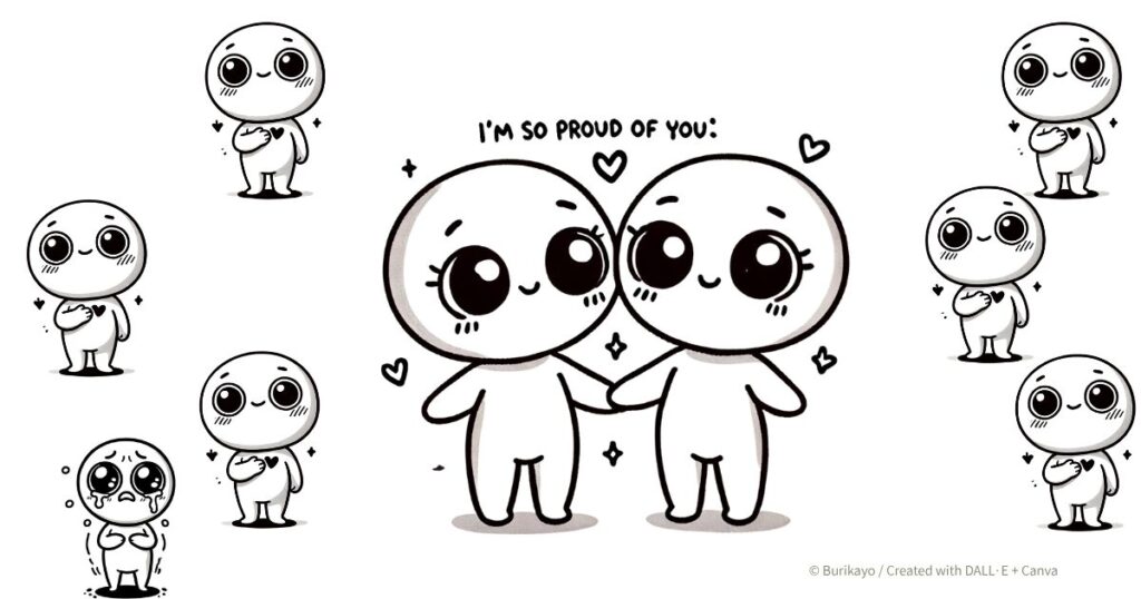 キャラクターが優しく微笑みながら、誇らしげな表情のイラスト