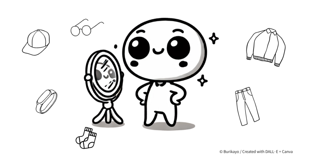 キャラクターが鏡をのぞきながら “How do I look?” とたずねている、かわいらしいシーンのイラスト