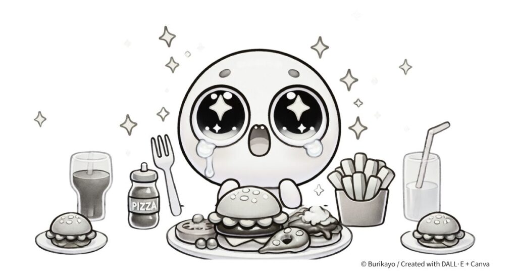 キャラクターがお腹を押さえて「お腹すいた〜」と叫んでいる様子のイラスト