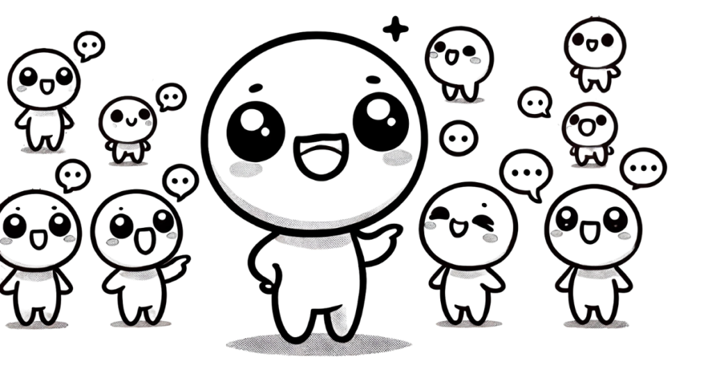 英語フレーズ “I’m here to talk / I’m here to speak” をイメージしたキャラクターのイラスト