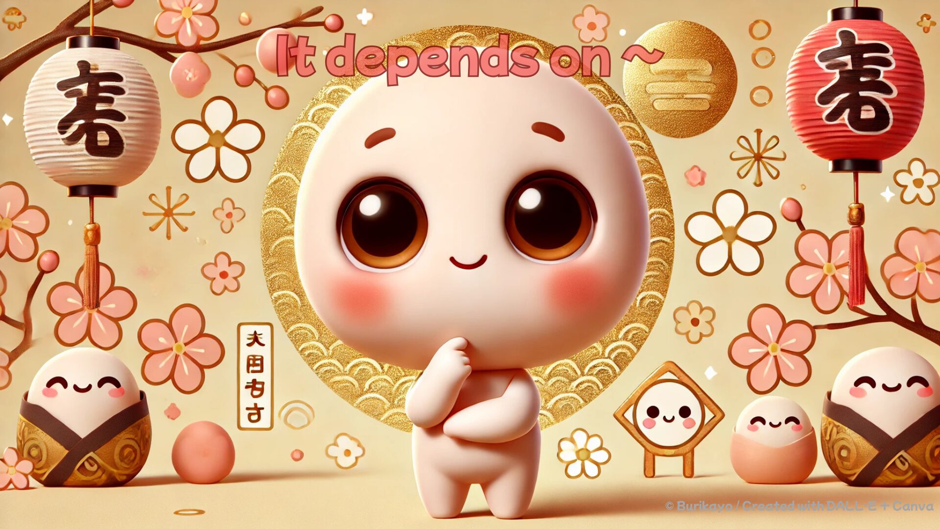 「It depends on ～」という英語フレーズをテーマにした、考え中の目玉おやじ風キャラクターのお正月アイキャッチイラスト