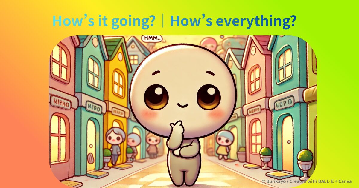 考え込む表情の丸い頭のかわいいキャラクターが、カラフルな街並みの中で指を顎に当てて立っているイラスト