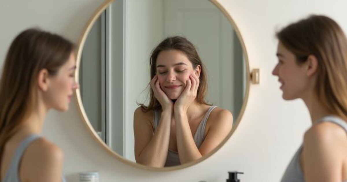 女性が鏡の前で笑顔になっている画像