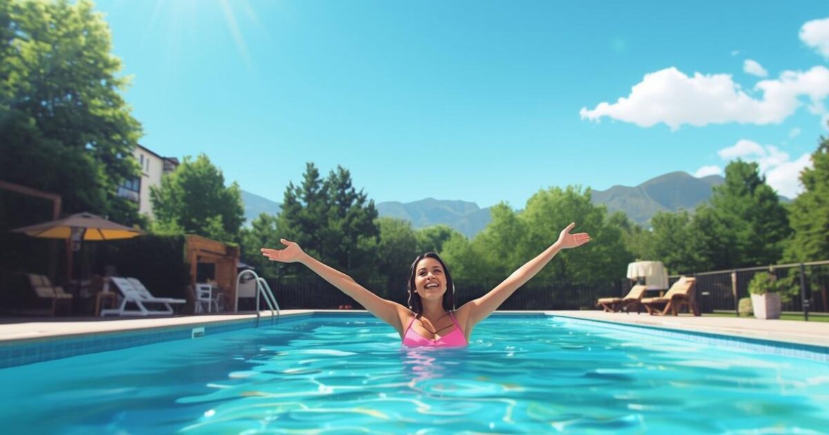 ダイエットのためプールウォーキングと入会金無料で喜んでいる画像。