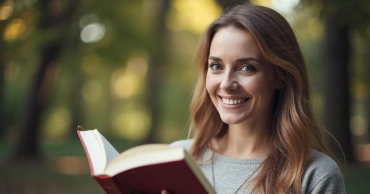 女性が本を持って笑顔でこちらを見ている。