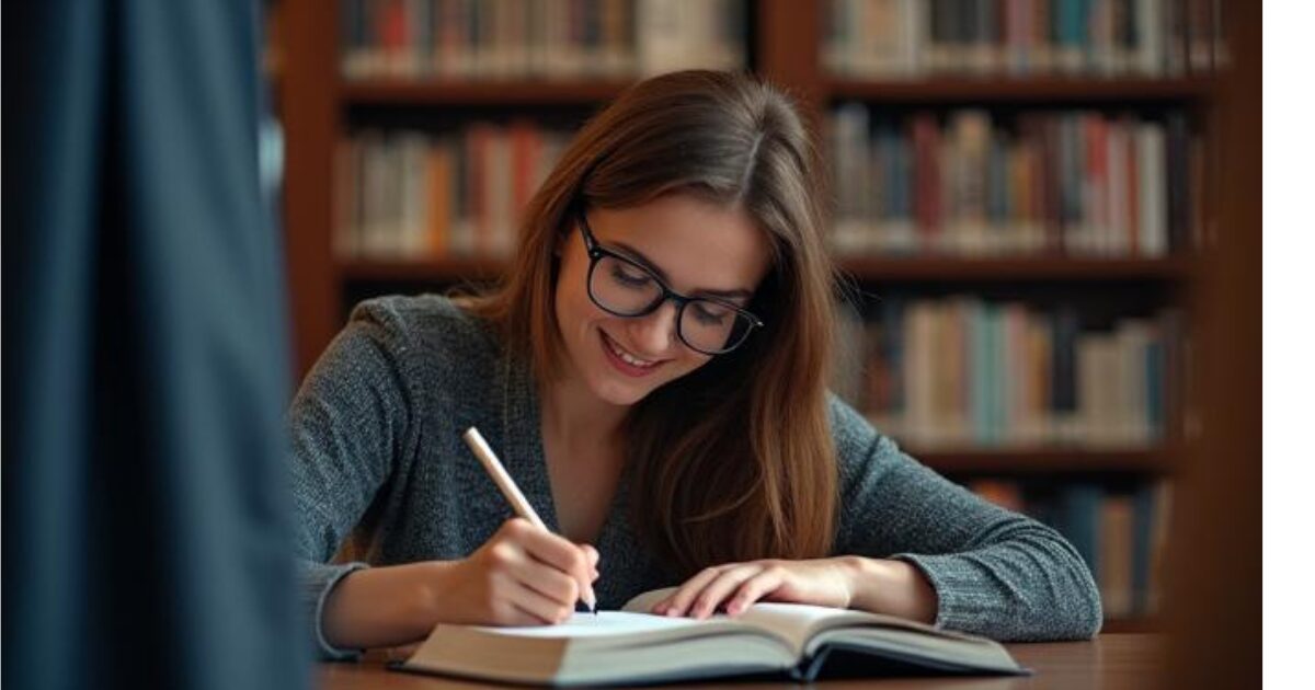 女性が図書館で勉強している