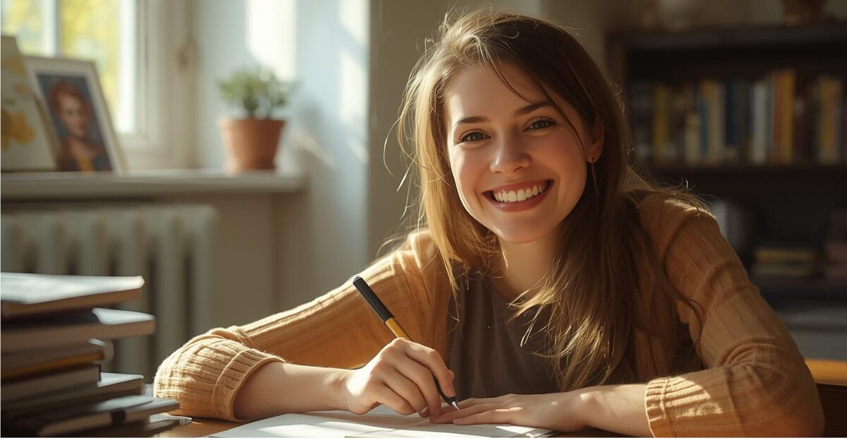 女性が机に向かって勉強している画像