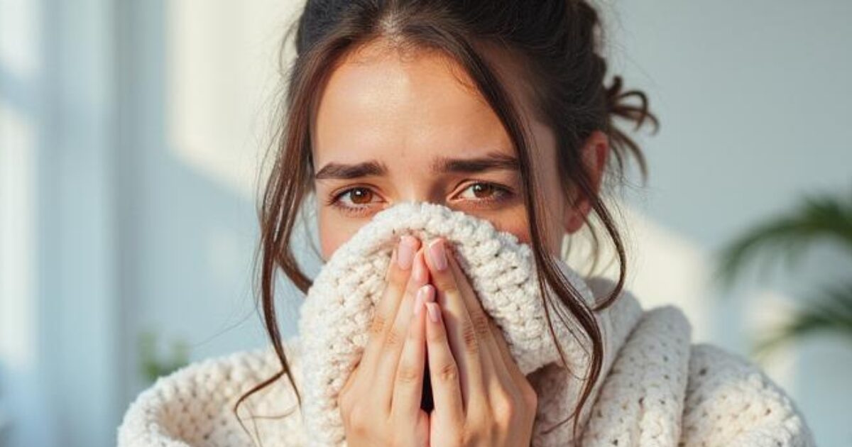 女性が鼻をかんでる画像