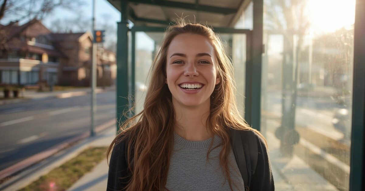 バス停で女性が笑顔待っている。