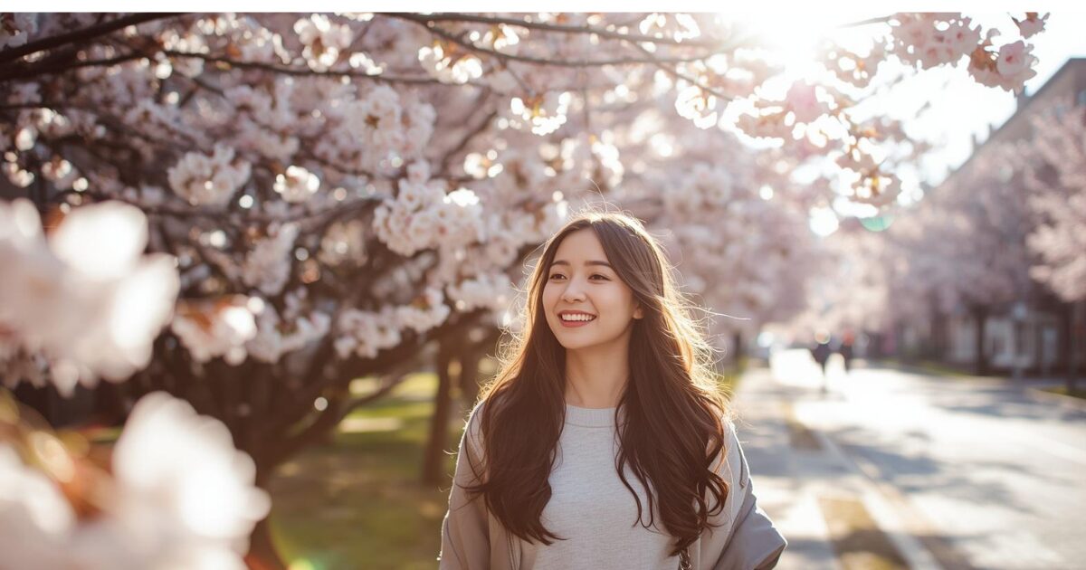 女性が桜並木を散歩している画像