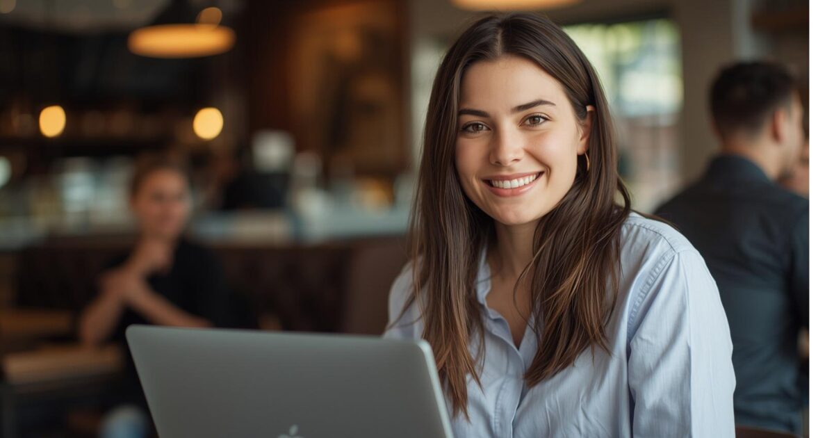 女性がパソコンの前で笑顔でいる