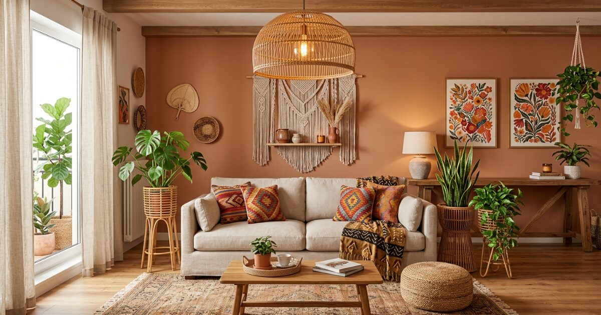 Warm Afrobohemian living room with rattan chandelier, plant stands, kilim cushions, macrame shelf and boho canvas wall art