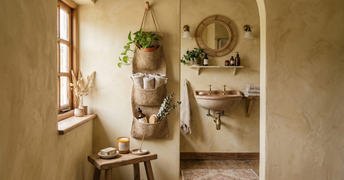 Cozy boho bathroom with jute hanging basket and rattan mirror
