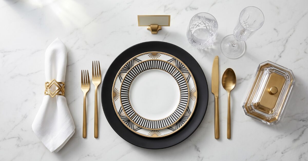 Elegant table setting gold cutlery