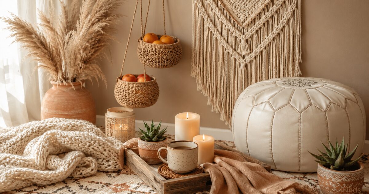 Styled boho room with woven wall art, baskets, blanket, and pouf