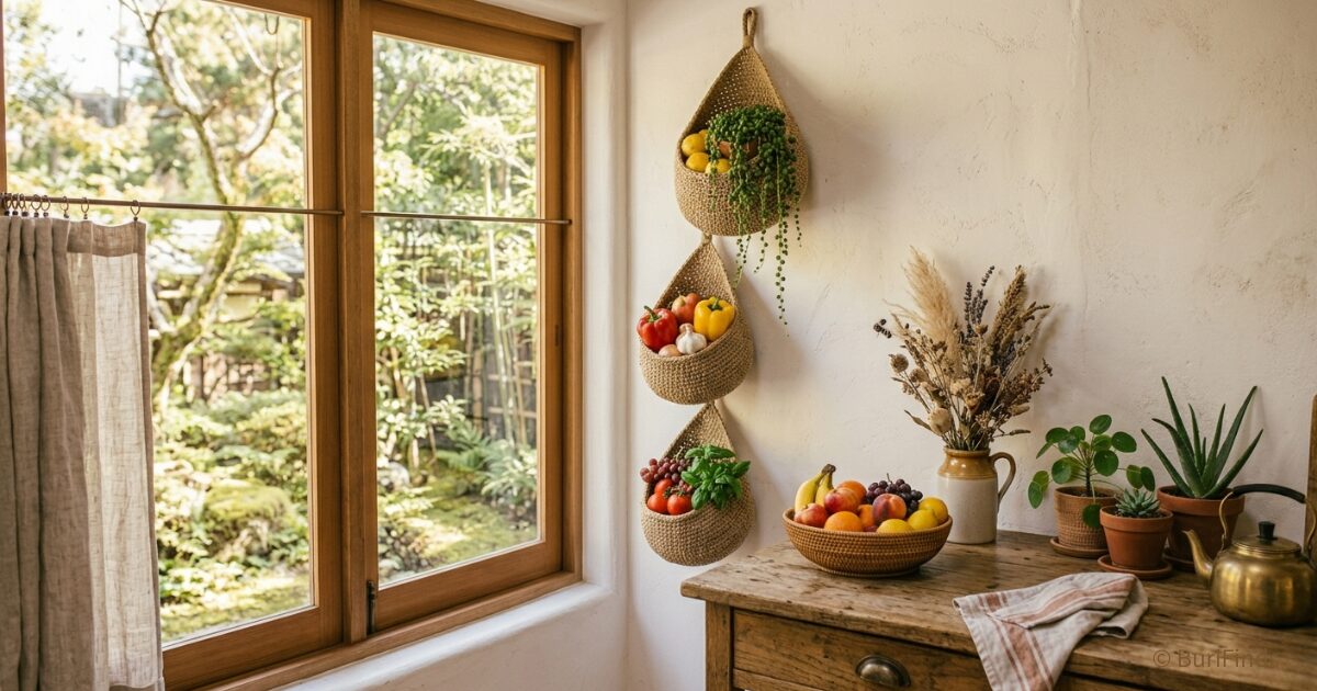 Five boho kitchen baskets styled in a warm natural kitchen with soft light and earthy tones