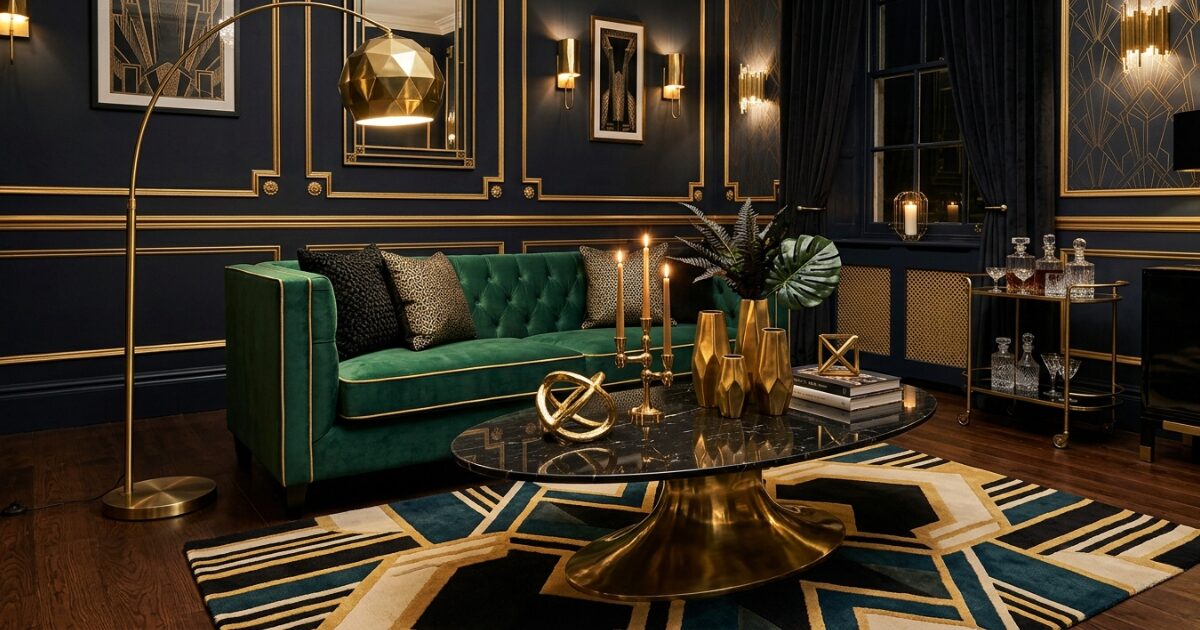 Dark art deco living room with gold