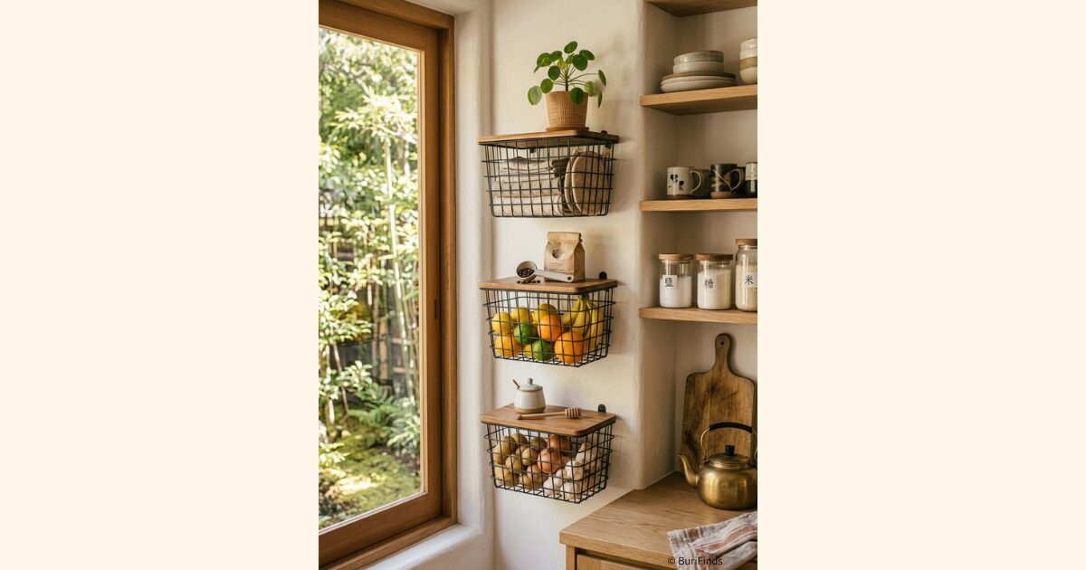 Three tier black wire wall baskets with fruits and vegetables mounted on a white kitchen wall with natural light