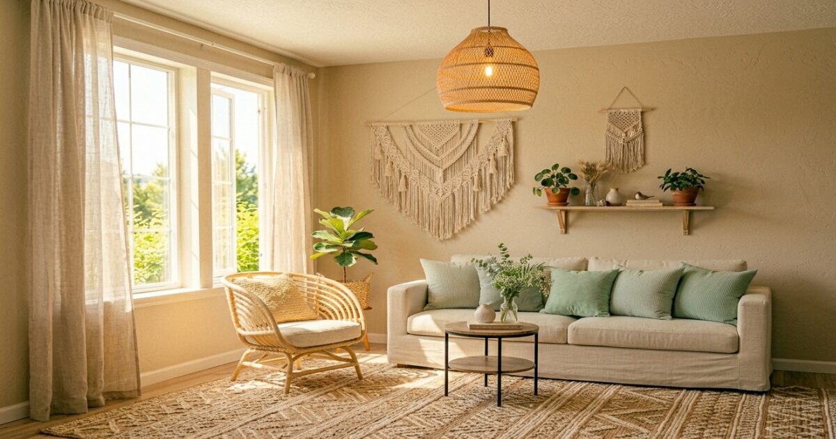 A warm, naturally styled living room with woven pendant light, a simple coffee table, soft cushions, macramé wall hanging, and a textured area rug.