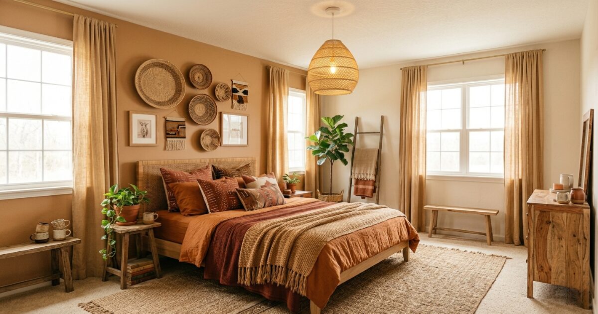 A warm, earthy bedroom with woven wall baskets, a rattan pendant light, terracotta cushions, and natural wood furniture