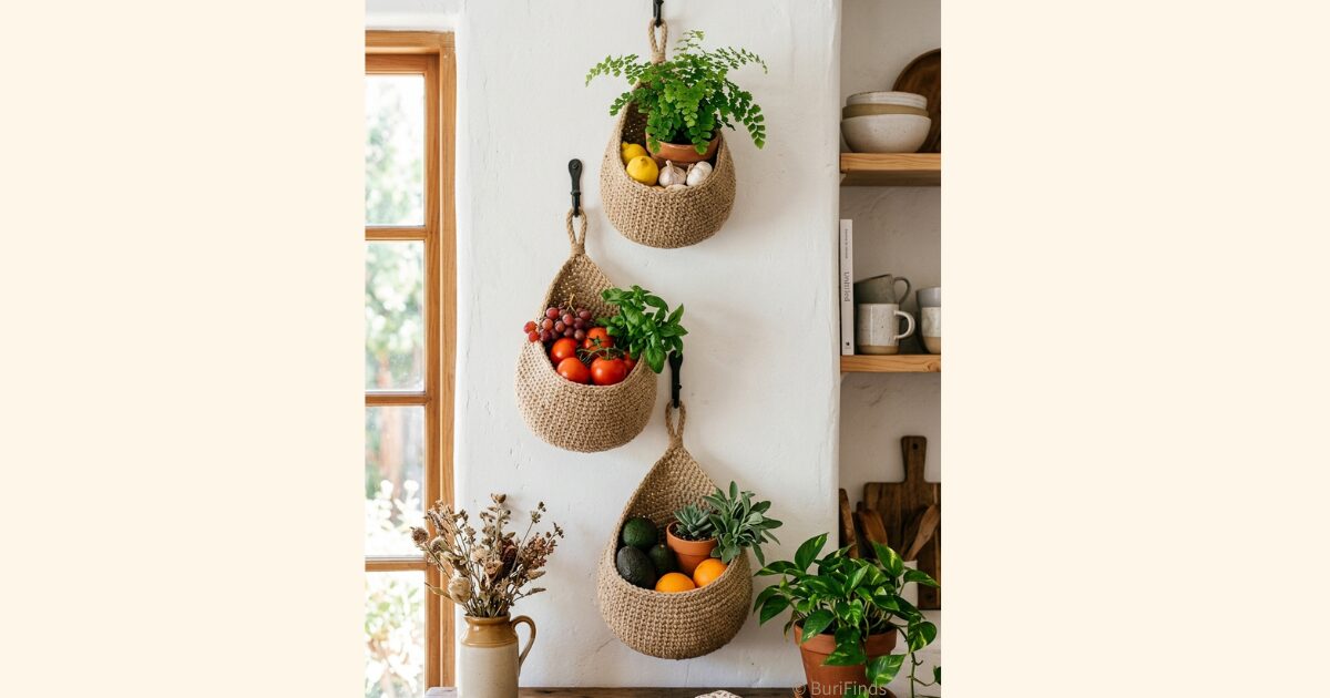 Three woven jute wall baskets holding fruits vegetables and plants in a bright boho kitchen with natural light