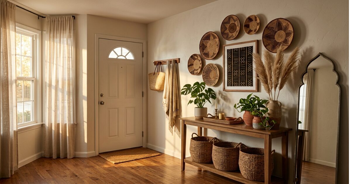 Boho entryway with baskets and plants