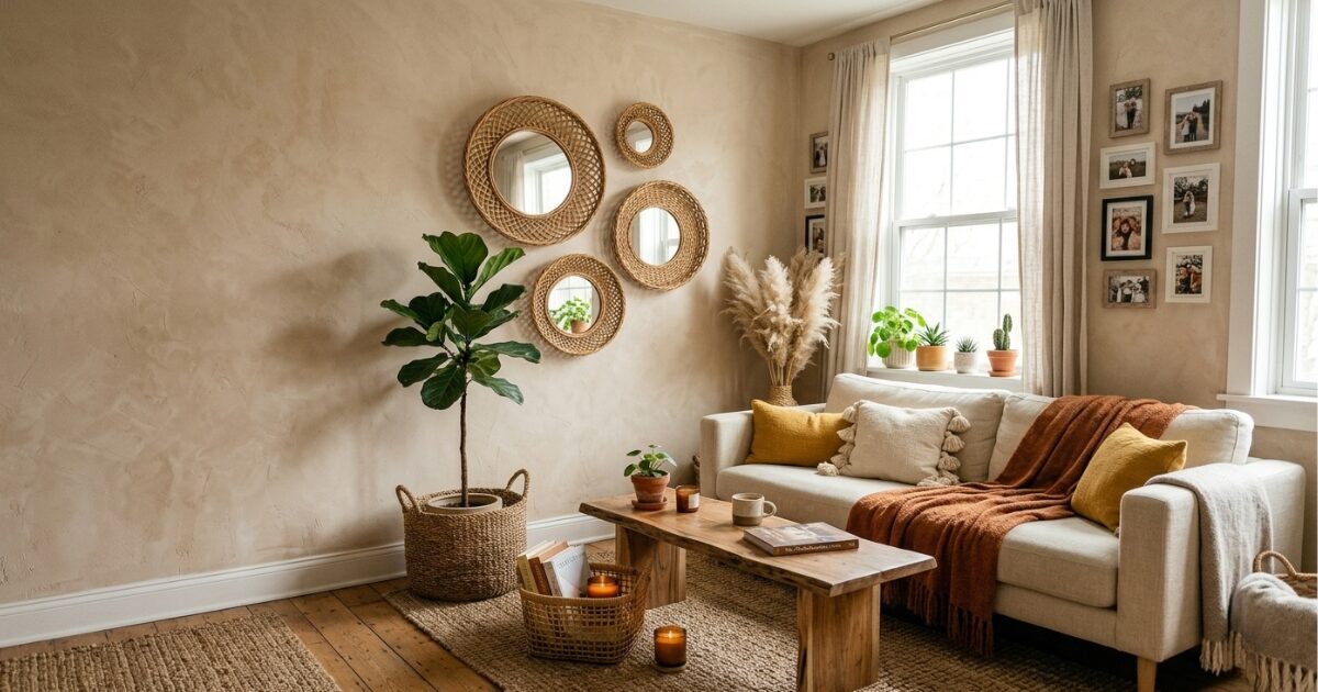 Afrobohemian living room with rattan mirror wall art, jute rug, and wicker storage basket