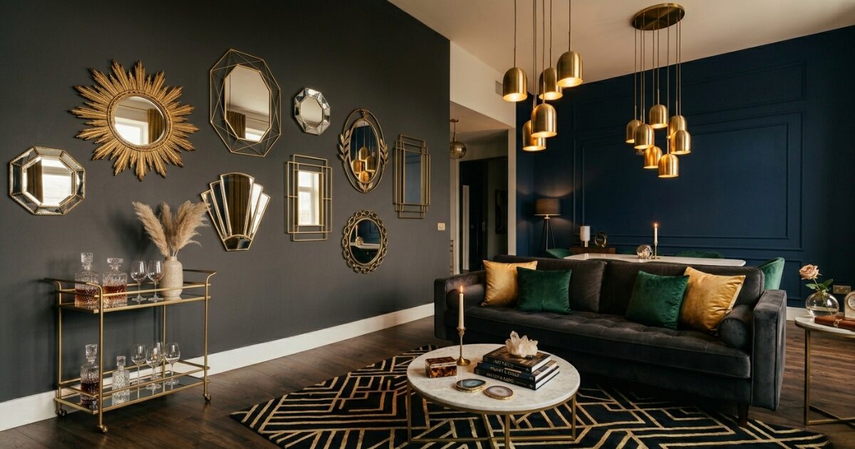 Dark living room with gold mirrors