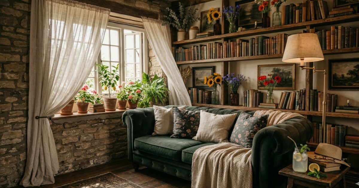 Cozy cottage nook with sofa, curtains, and lamp.