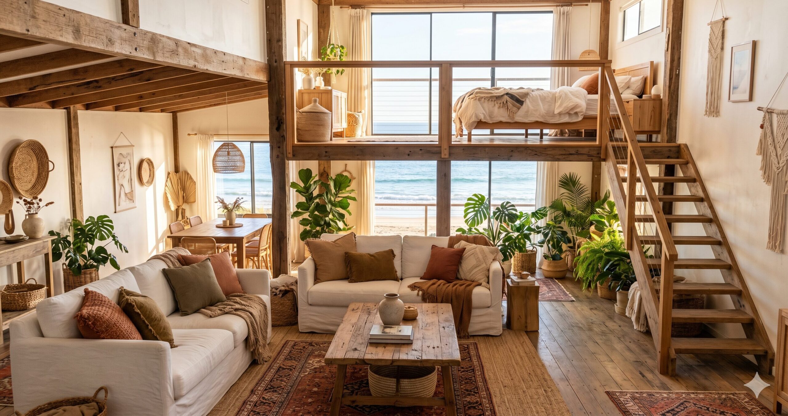 Warm cozy coastal living room with plants