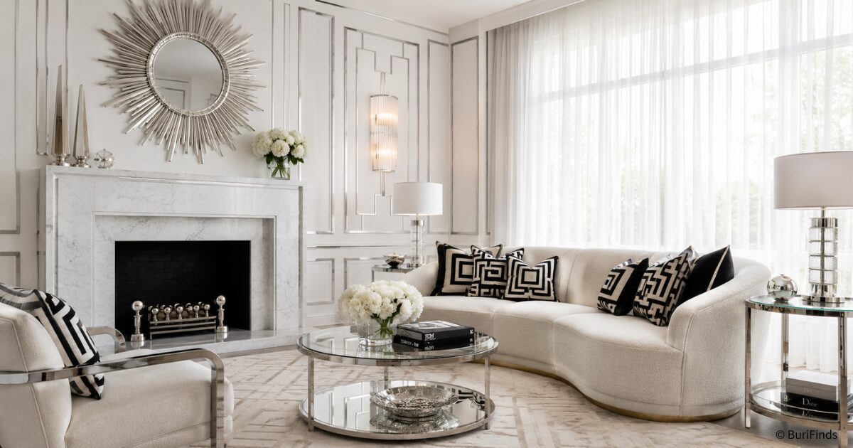 Elegant white living room with silver accents