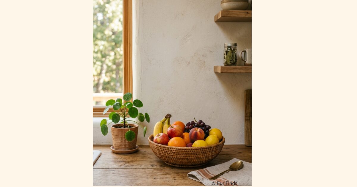 Natural rattan fruit bowl filled with fresh fruits on a wooden kitchen counter with soft natural light