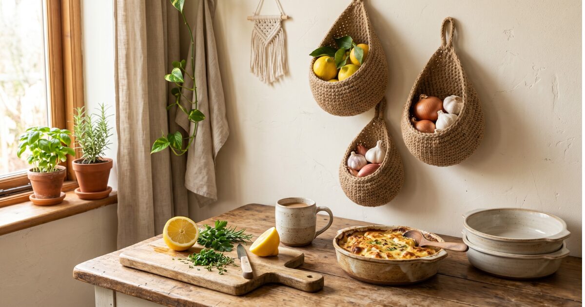 Kitchen with wall basket, mug, baking dish, cutting board, and herbs.