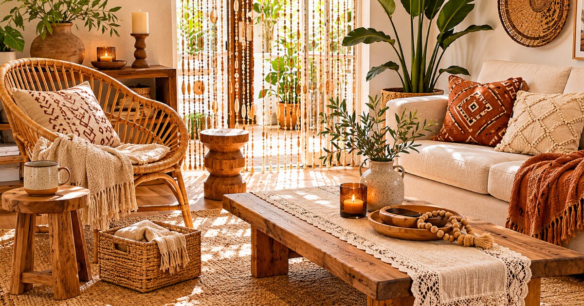 Beaded curtain, rattan chair, basket, and stool in a cozy corner.