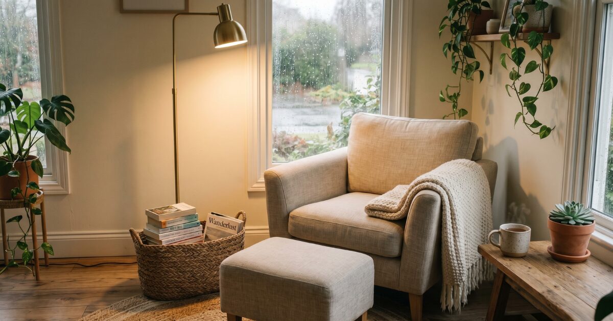 Reading corner with an armchair, books, floor lamp, ottoman, and rain outside the window.