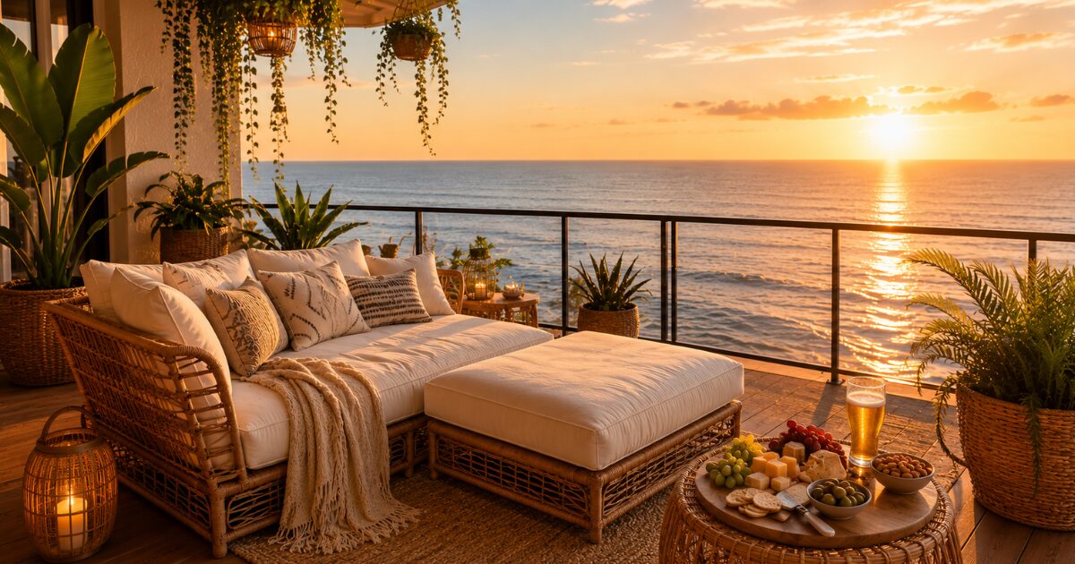 Relaxing on a balcony overlooking the ocean at sunset.