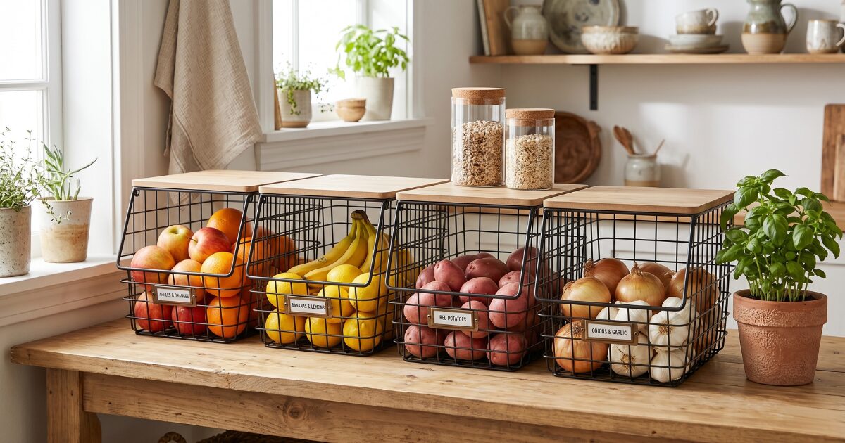 Wire basket, glass container, wall shelf, and wooden cutting board in a kitchen