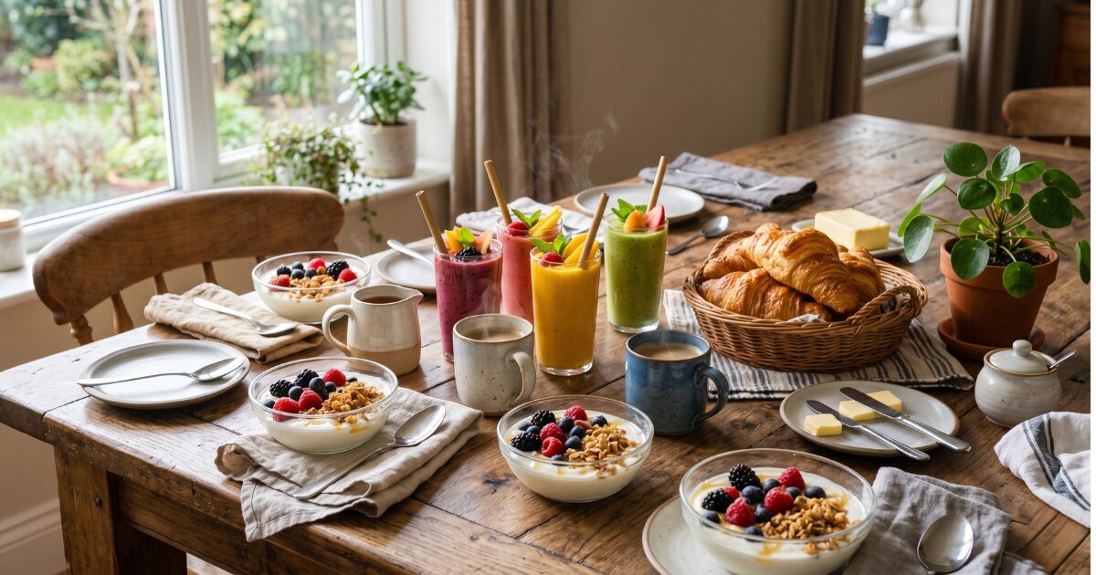 Breakfast table with food and drinks in natural morning light.