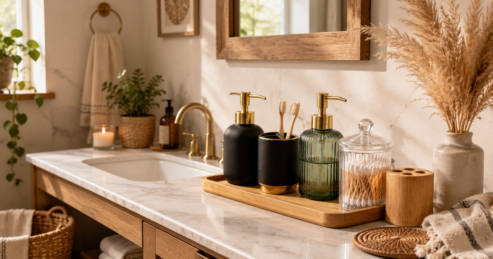 Calm bathroom vanity with simple storage and natural decor.