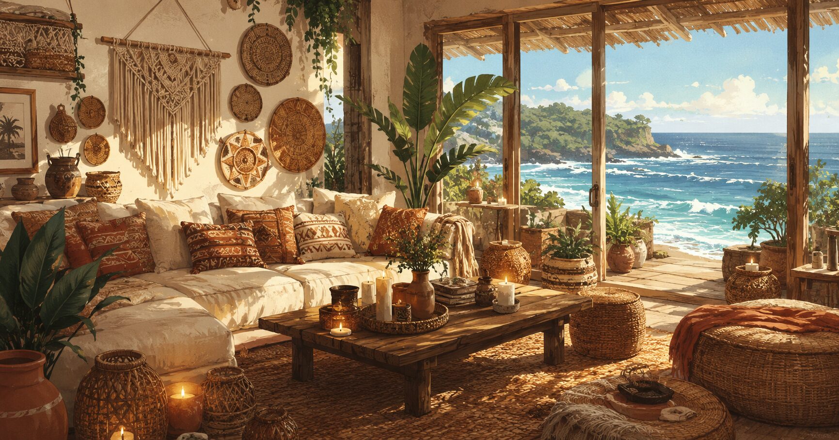 Bright window seat overlooking the ocean on a sunny afternoon.